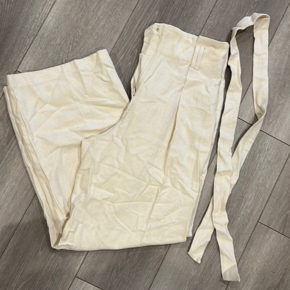 Cream High-Waisted Pants with Belt